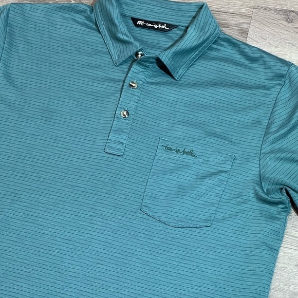 Travis Mathew Medium Knit Stripe Stretch Fitted Polo Shirt Front Pocket - Picture 8 of 9